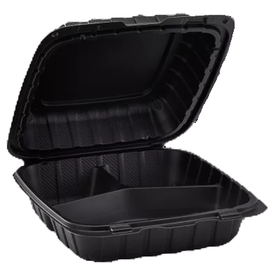 8833B Emerald Mineral Filled Hinged Food Containers, 8-in x 8-in x-3-in, 3 Compartment Black